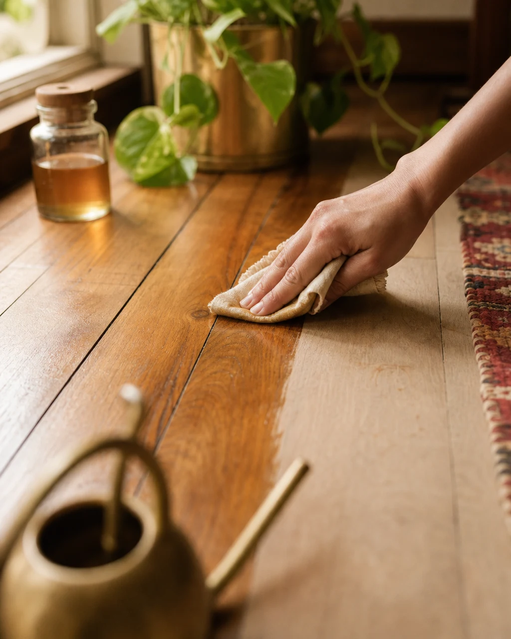 Hand-and-cotton-cloth gesture polishing an oiled teak plank floor mid-room — half the visible section freshly cared for (deeper amber), half awaiting (paler matte), a brass watering can in foreground, dhurrie corner