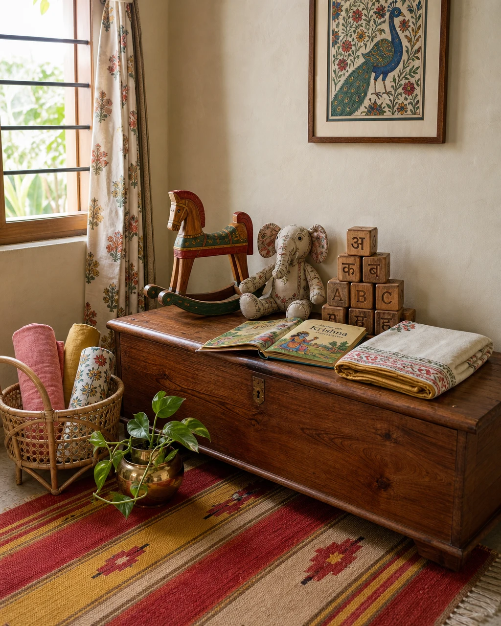 Indian child’s bedroom corner: carved teak chest with a Channapatna rocking horse, ABC wooden blocks, stuffed elephant, open Krishna picture book, framed Madhubani peacock, handloom dhurrie