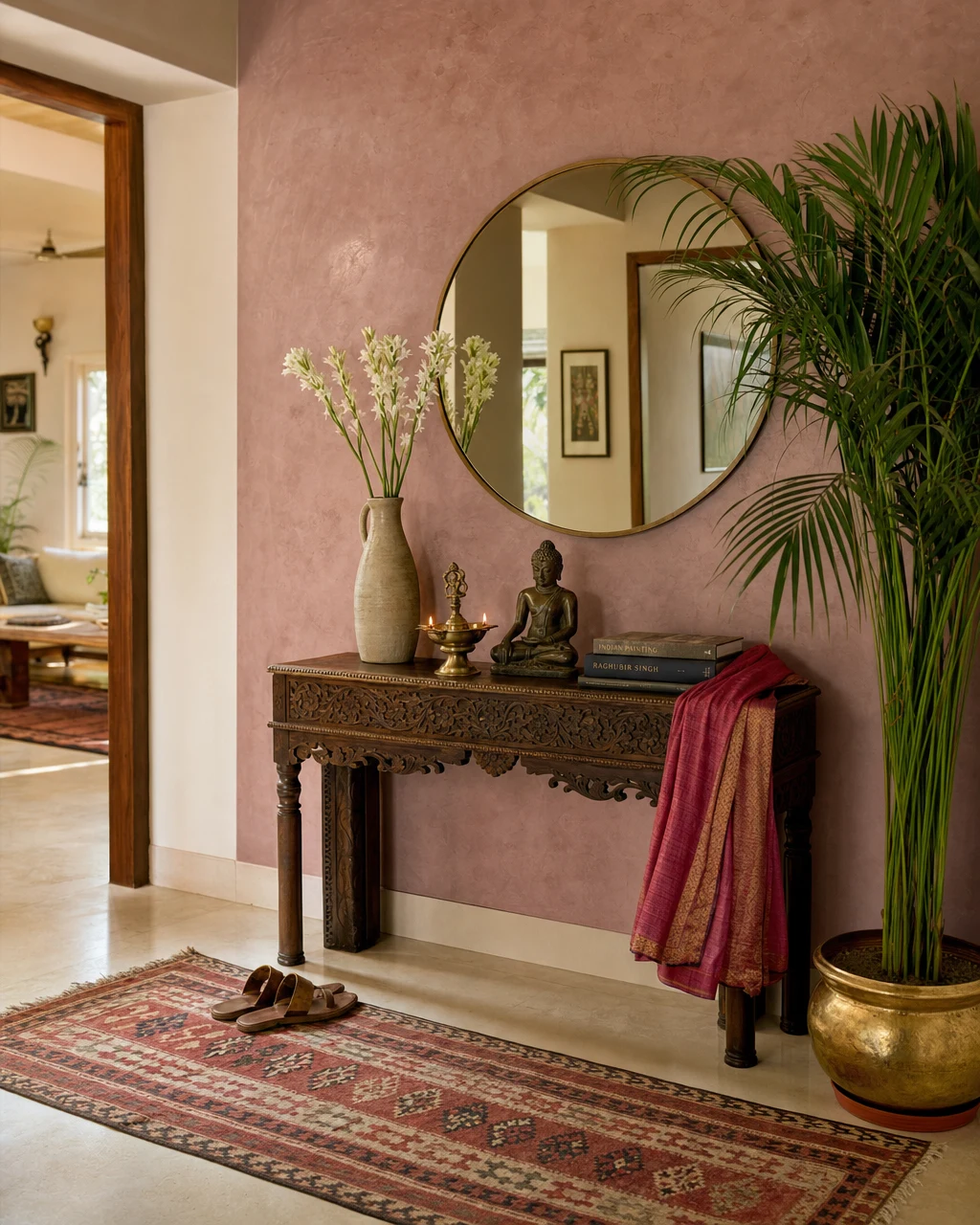 Mumbai contemporary entryway with a hand-polished tadelakt accent wall in muted dusky-pink, vintage rosewood console with brass-framed mirror, tuberose stems, brass diya, kilim runner