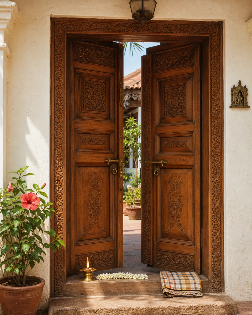 Pair of carved Burma-teak doors in a Goa heritage home, slightly ajar, brass kundi handles, fresh jasmine garland on the threshold, brass diya lit beside