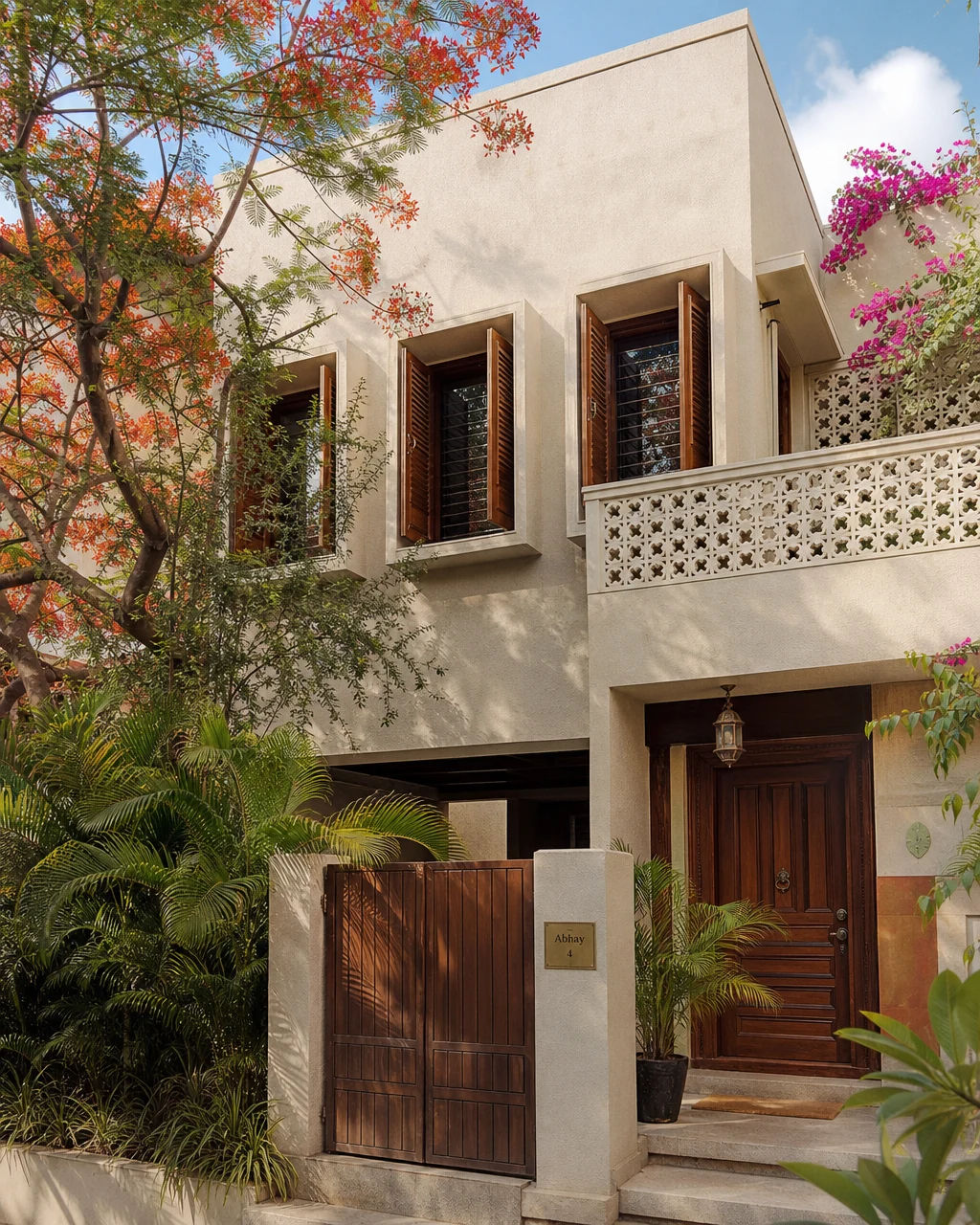 Modern Bangalore residential façade in warm cream-grey silicate mineral paint with carved teak shutters, jali-screen balcony casting fragmented light, gulmohar tree, brass nameplate