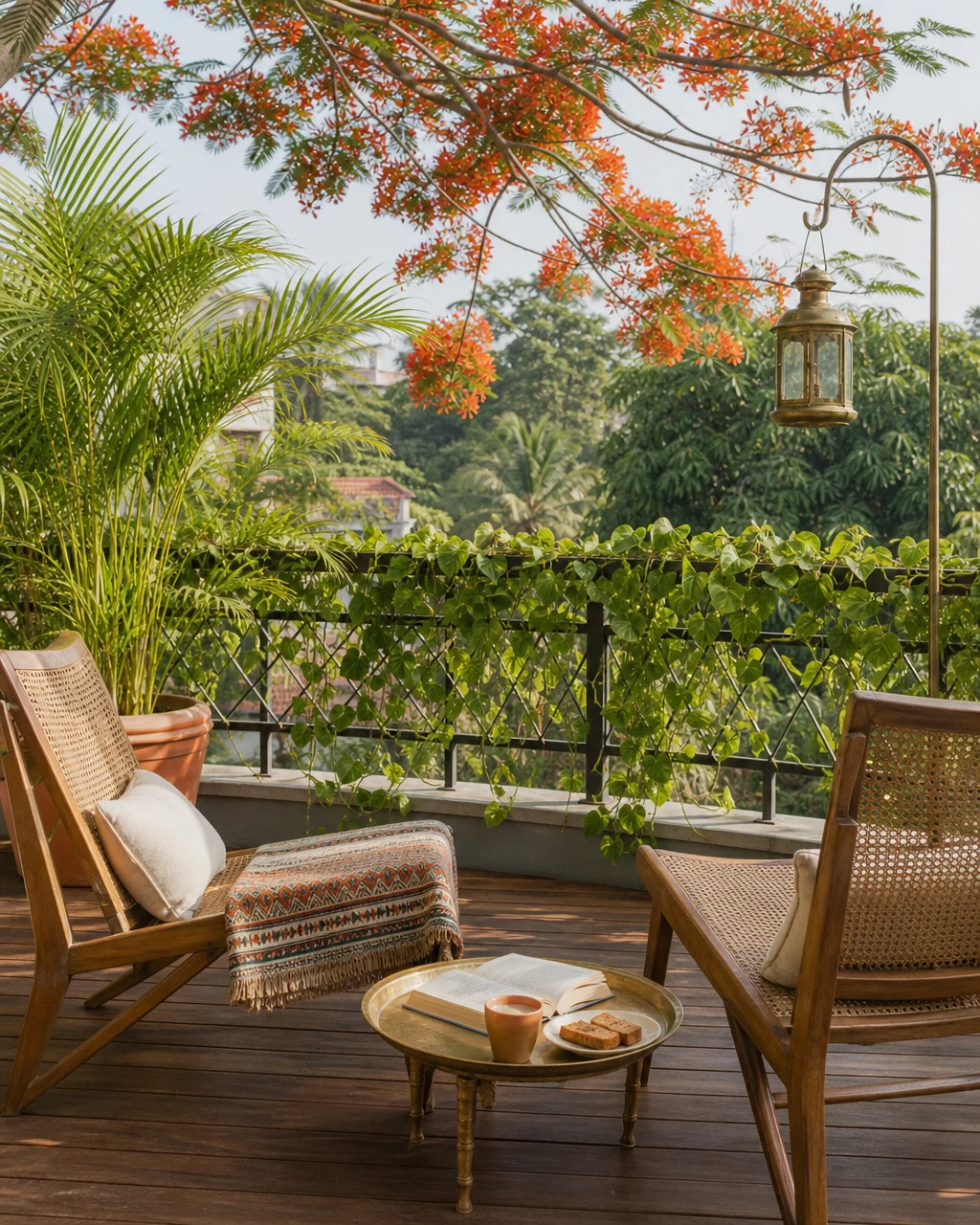 Bengaluru rooftop teak deck with two cane-back chairs, low brass tray-table holding a kulhad of masala chai and biscuits, Areca palm, gulmohar branch entering the frame