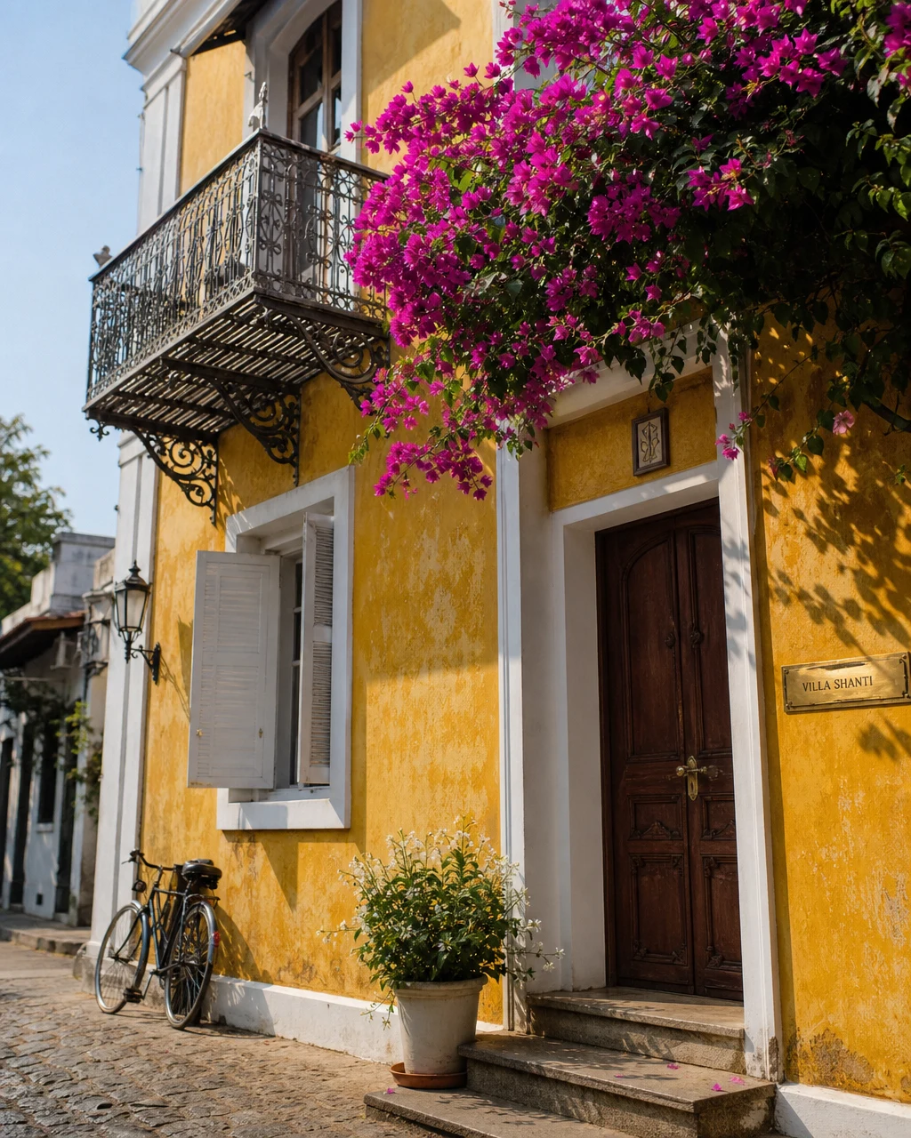 Pondicherry French-colonial heritage townhouse façade with deep saffron-yellow limewash walls, white teak shutters, magenta bougainvillea, brass kundi door handles, jasmine pot by the steps