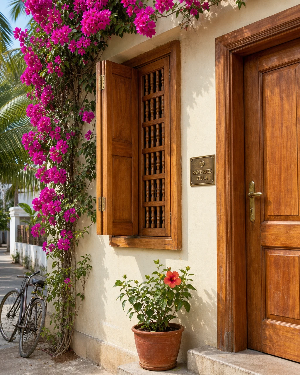 Mumbai bungalow exterior: weathered teak window-frame and shutter beside a brass-handled solid teak door, magenta bougainvillea climbing the limewash wall