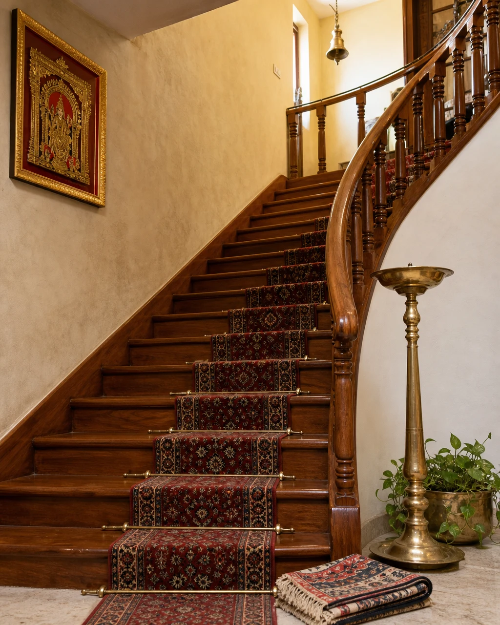 Curved polished Burma-teak staircase with a red Persian-style runner pinned by brass rods, brass uplighter at the foot, glimpse of upstairs landing with limewash wall