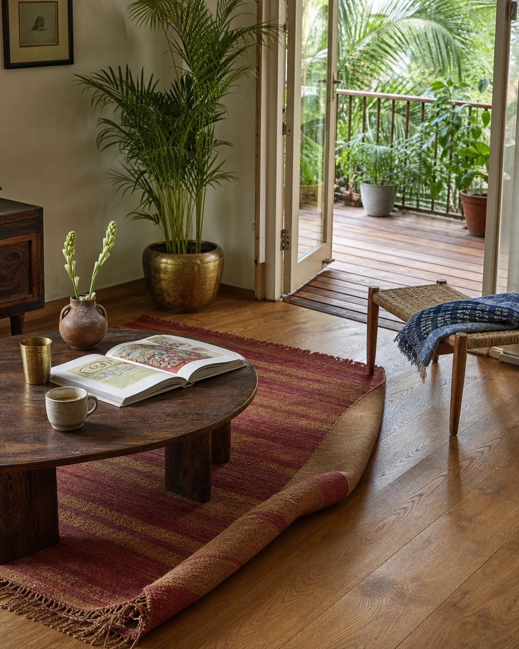 Bengaluru living room with oiled teak plank floor and handloom dhurrie, opening onto a terrace through glass doors with monsoon-green view