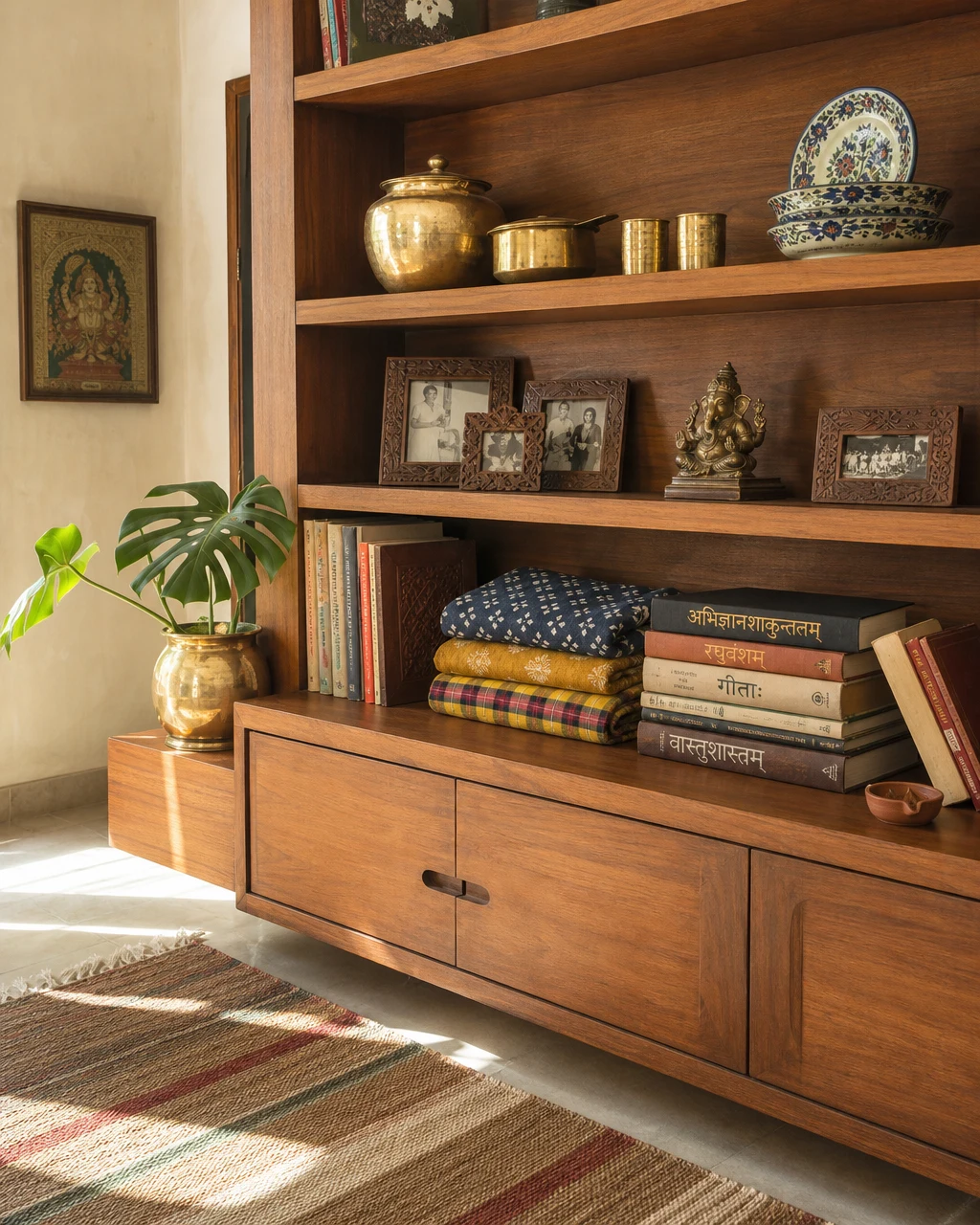 Built-in teak shelving wall holding brass cookware, framed family photos, folded handloom textiles, a small Ganesha bronze, and a Monstera plant