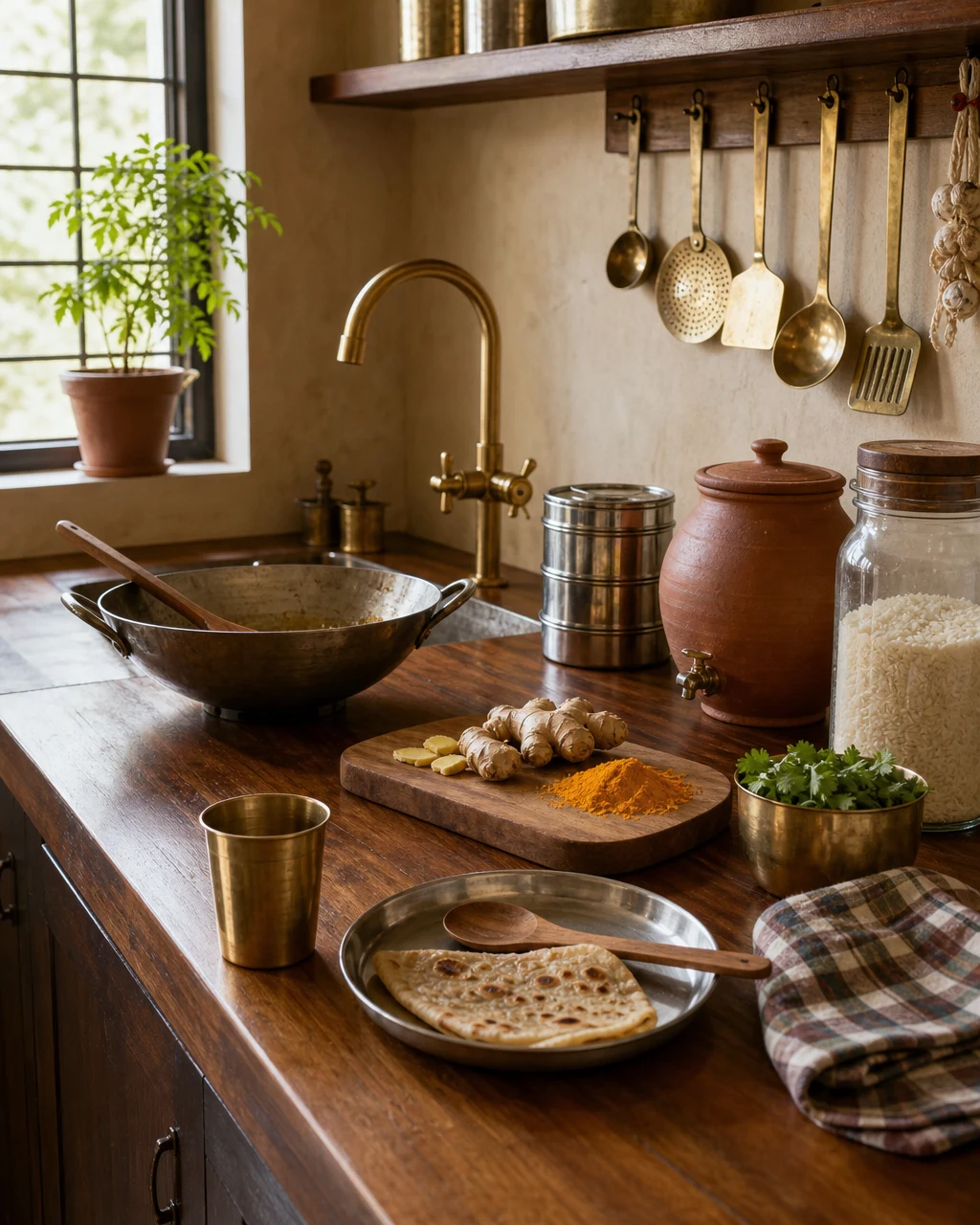Modern Indian kitchen teak worktop with brass tap, steel kadai, freshly cut ginger and turmeric on a teak chopping board, steel masala dabbas, terracotta matka, hanging brass utensils, breakfast in progress