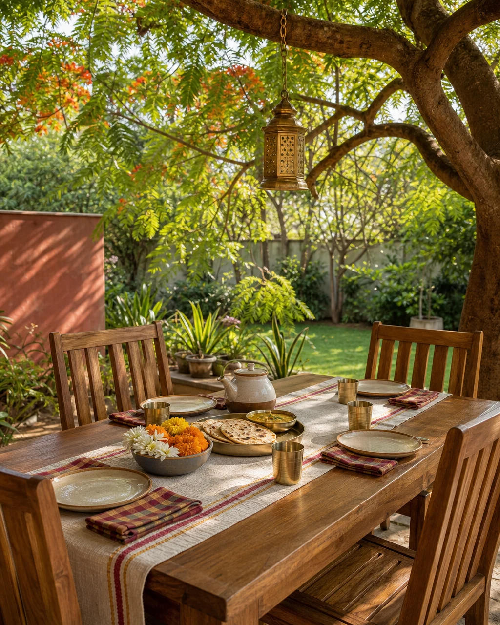 Indian back-garden teak dining set under a flame-of-the-forest tree, set for breakfast with brass tumblers, parathas, fresh marigolds, brass garden lantern hanging from a branch