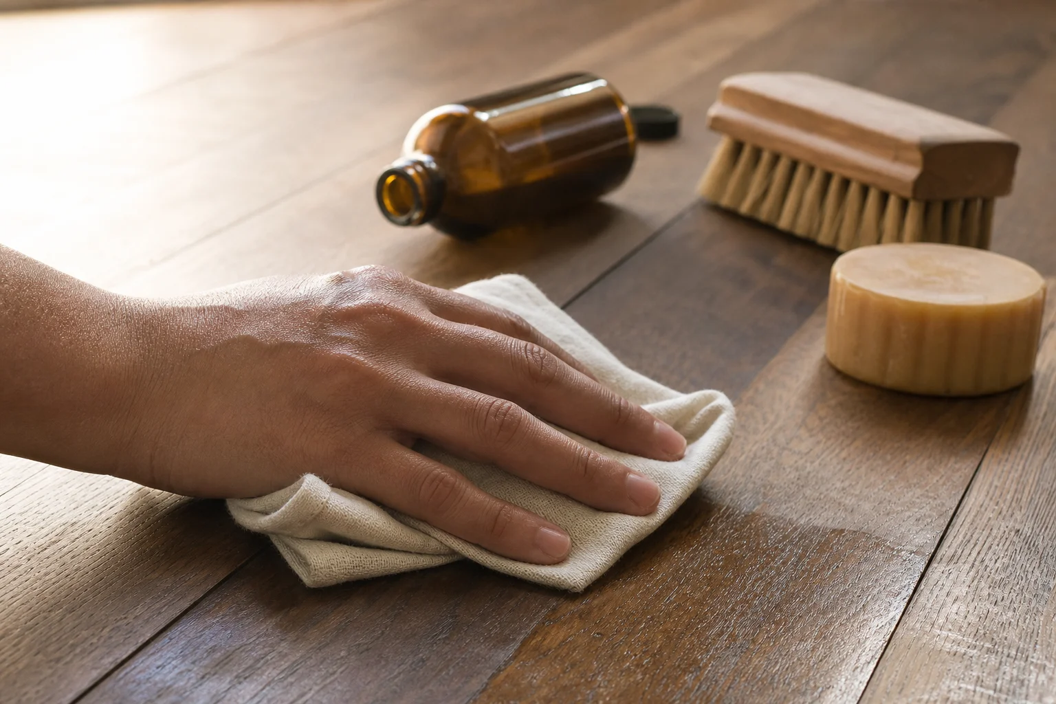 Hand applying LEINOS hardwax oil with a microfibre pad to an oak floor, bottles of 930 vegetable soap and 920 floor milk in the foreground, soft natural daylight