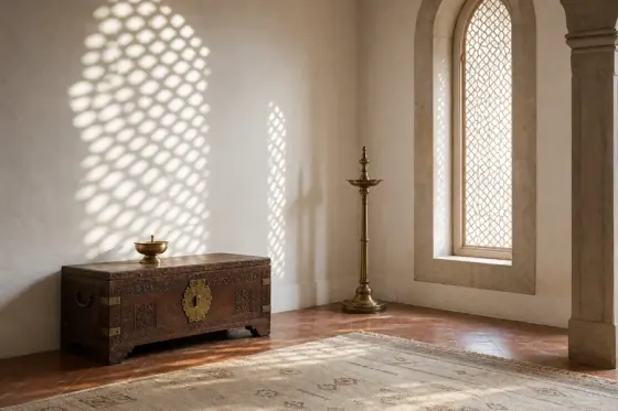 Restored Rajasthani haveli interior with limewashed walls in muted ochre, traditional jharokha window, brass diya, weathered neem wood door, soft morning light