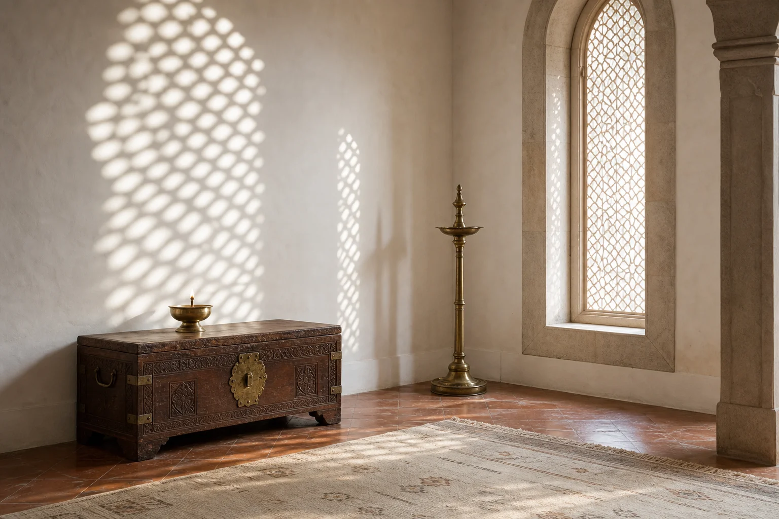 Restored Rajasthani haveli interior with limewashed walls in muted ochre, traditional jharokha window, brass diya, weathered neem wood door, soft morning light