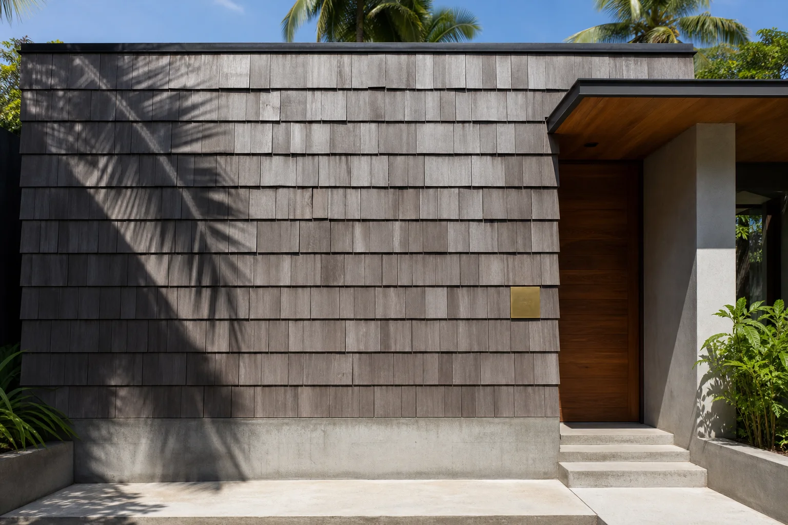 Cedar shingle facade of a contemporary Chennai house, weathered four years to a silvery-grey patina, palm shadow on left wall