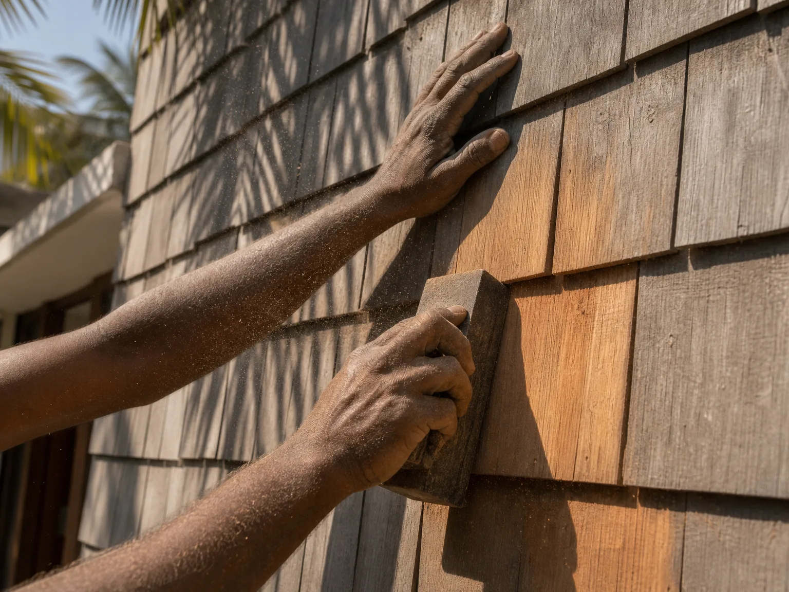 Indian craftsman sanding a cedar shingle outdoor wall, palm shadow, dust visible in warm late-morning light