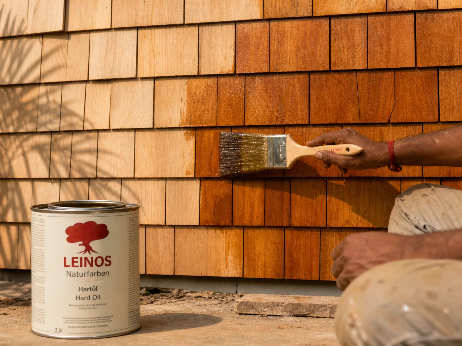 Brushing LEINOS Hartöl onto cedar shingles, golden-amber oil soaking into the grain, cream-and-red LEINOS can in foreground