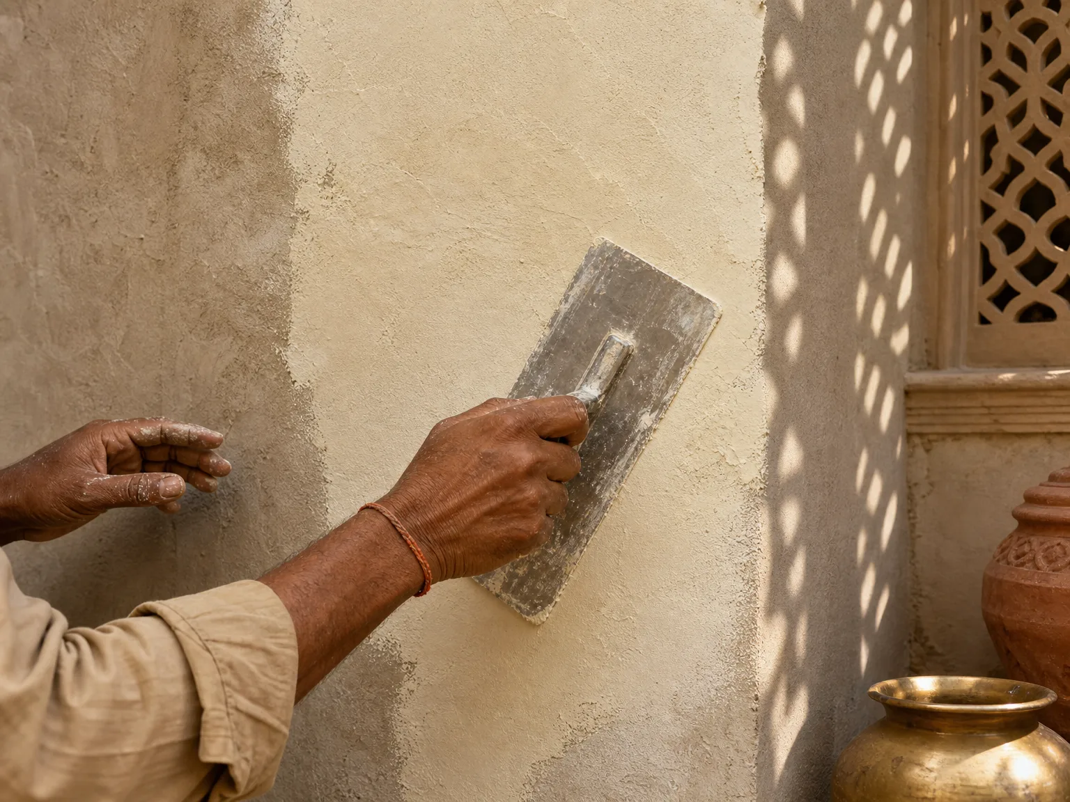 Trowel smoothing LEINOS lime paint onto a heritage mineral plaster facade, jali shadow pattern and brass kalash on right
