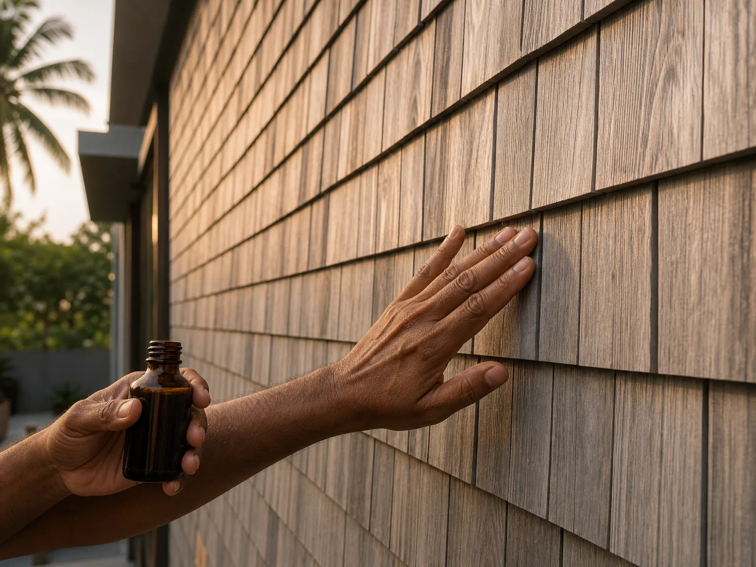 Hand running over a cedar shingle wall weathered to silvery-grey, small dark-glass bottle of LEINOS wood oil for spot refresh, golden-hour Chennai light