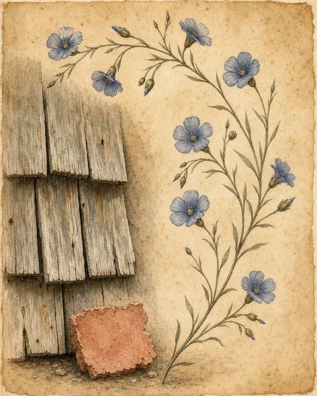 Watercolor botanical study on aged paper — weathered cedar shingles, linseed branch with blue flowers, terracotta plaster sample