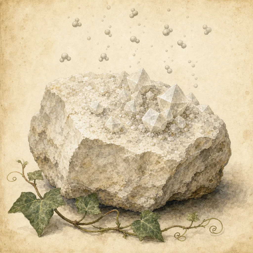 Watercolor medallion — limestone formation with CO₂ molecules and ivy decoration