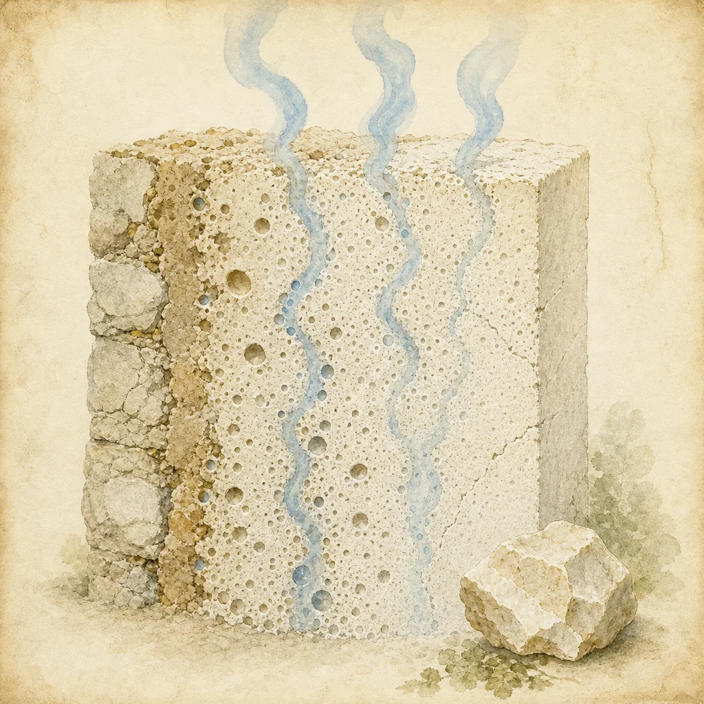 Watercolor medallion — mineral plaster cross-section with vapour rising through open pores
