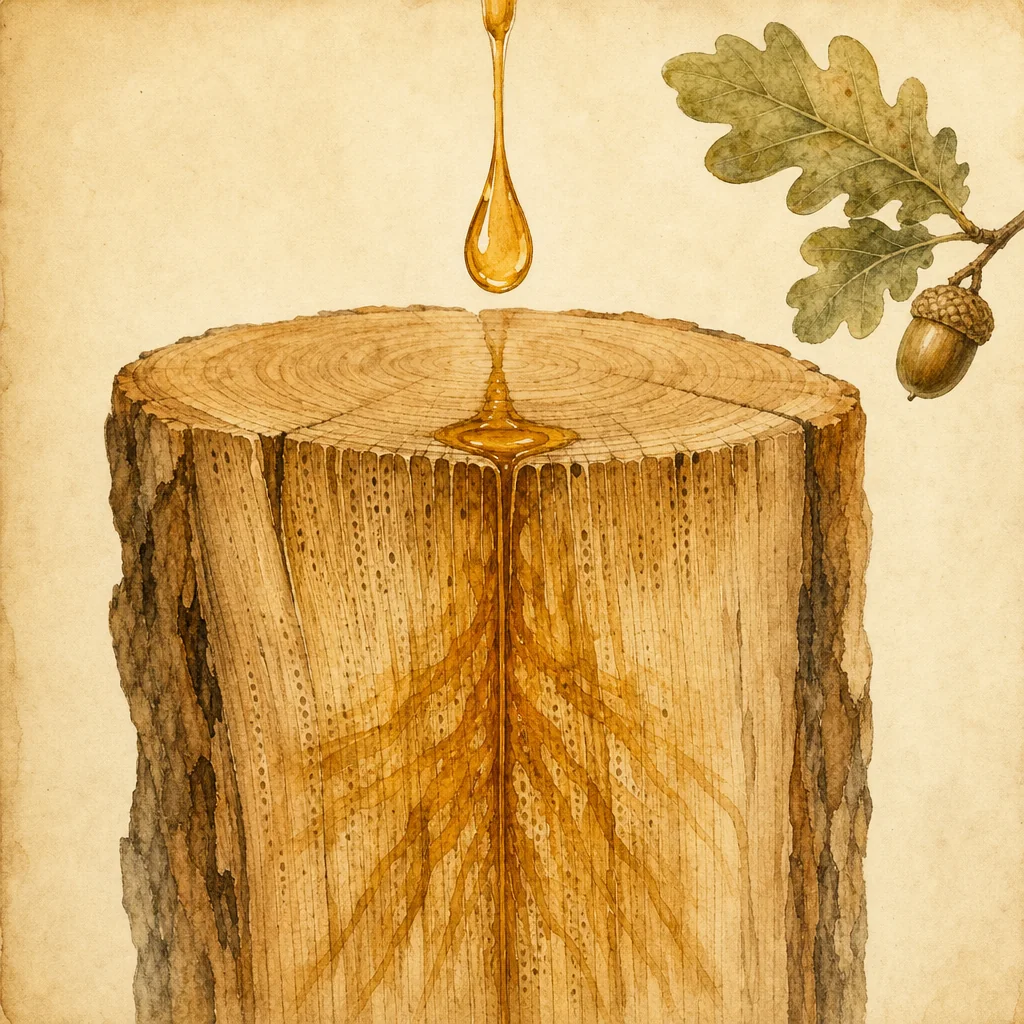 Watercolor medallion — linseed oil droplet penetrating into oak wood grain cross-section