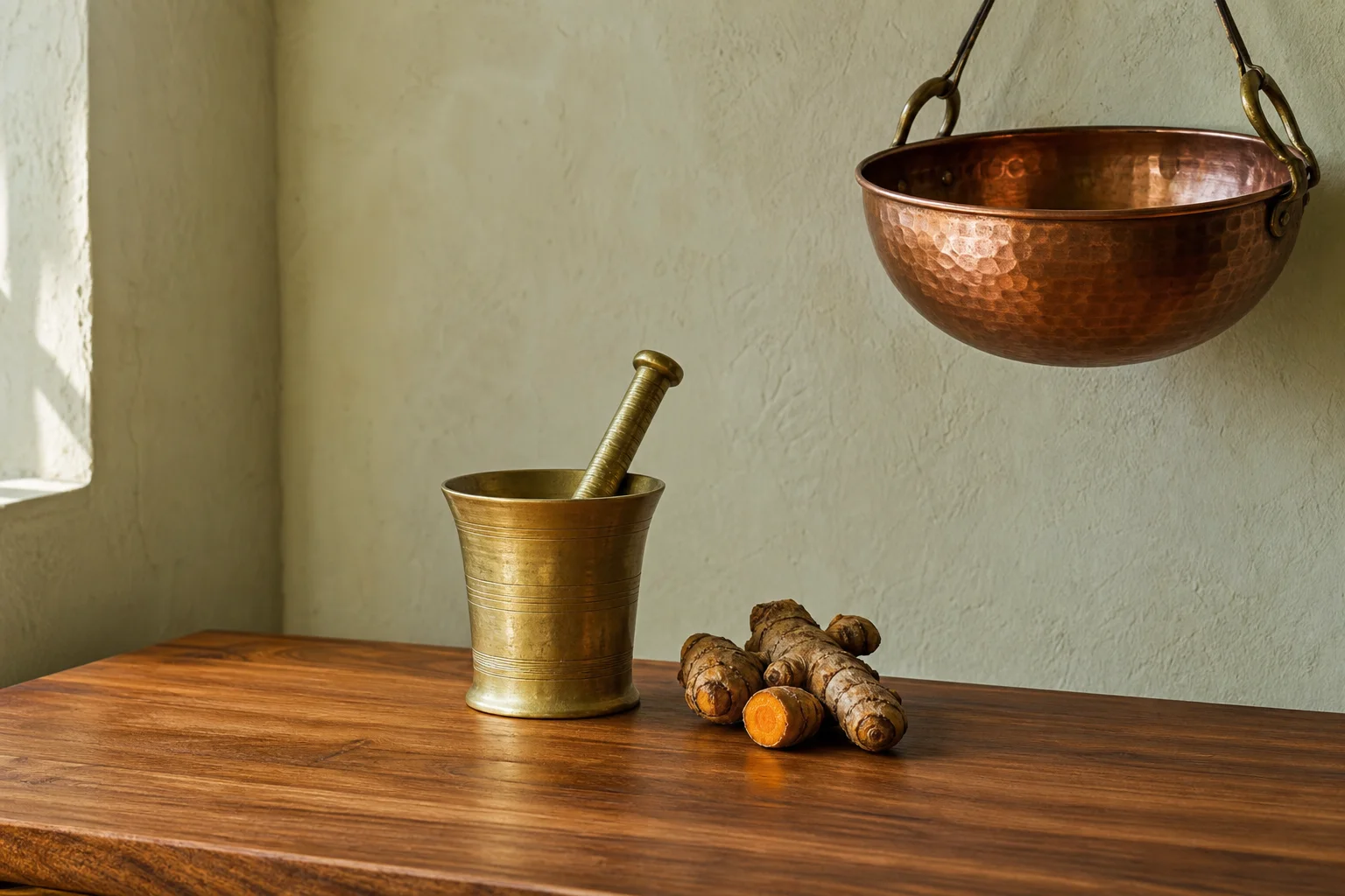 Contemporary Bangalore kitchen with solid teak worktop oiled in LEINOS 280, polished brass tap, copper urli, leafy money plant, warm late-morning daylight
