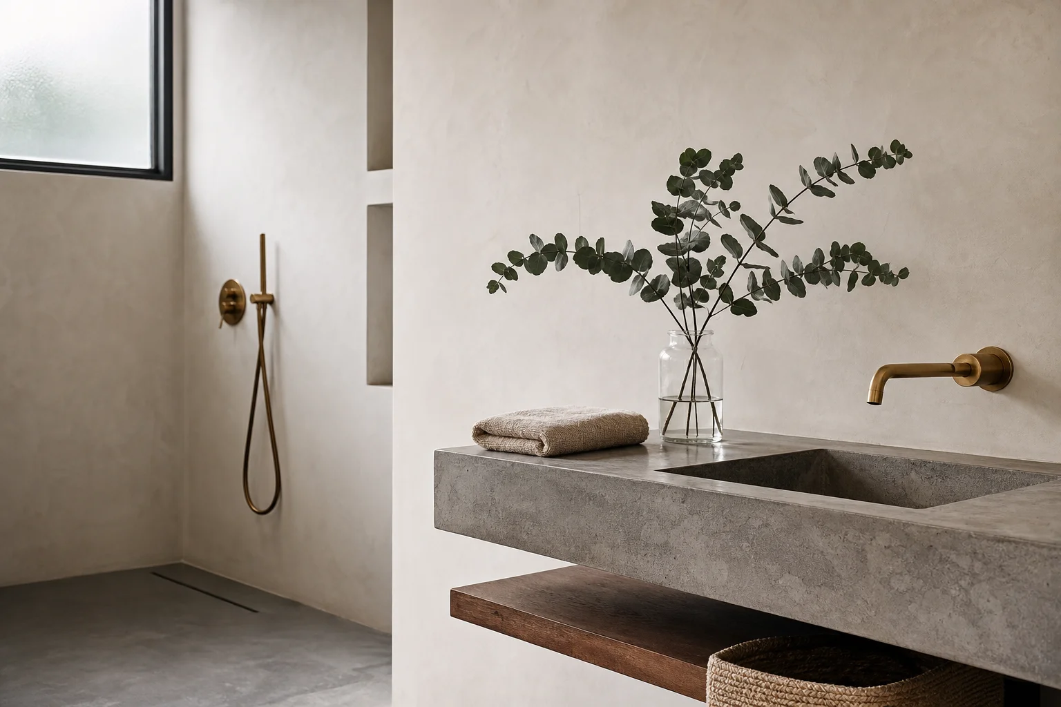 Contemporary Mumbai bathroom with limewashed wall in soft white, polished brass tap, slatted teak stool, snake plant in terracotta pot, late-monsoon morning light