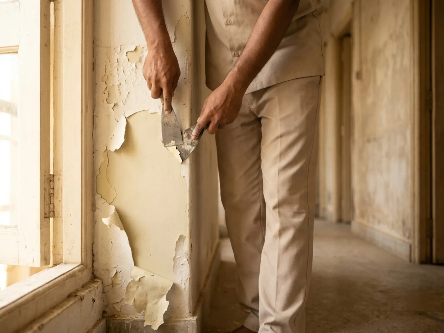 Craftsman scraping failed blistered paint from an interior wall corner, sound lime plaster revealed beneath, warm window light