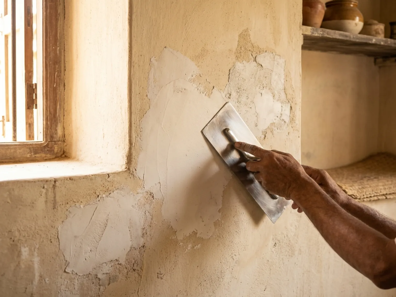 Steel trowel drawing smooth white lime filler across a repaired interior wall in warm daylight