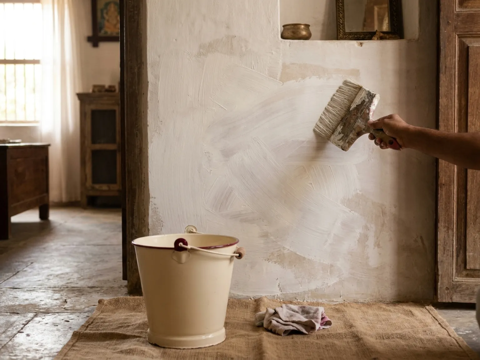 Wide masonry brush laying milky-white lime paint onto an interior wall, cream enamel pail on a cloth below