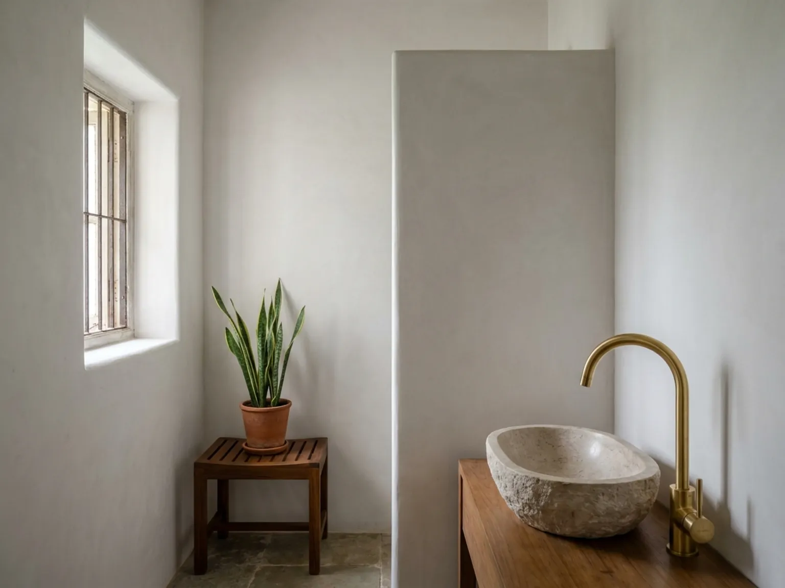 Finished matt limewashed bathroom wall with brass tap, teak stool, and snake plant in soft morning light