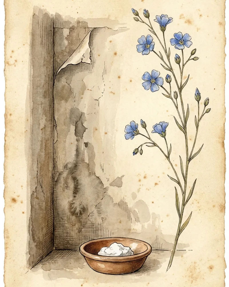 Watercolor study on aged paper — damp-stained plaster with a peeling paint sheet, flax branch with blue flowers, bowl of white slaked lime putty