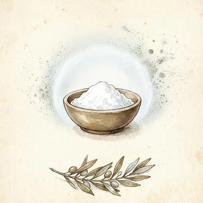 Watercolor medallion — bowl of white slaked lime putty with a soft alkaline halo dissolving spore motes