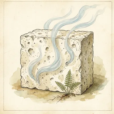 Watercolor medallion — porous lime plaster cross-section with pale blue vapour rising freely through open pores