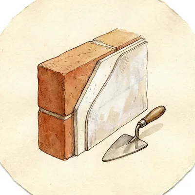 Watercolor medallion — layered wall cross-section of brick, white lime filler, and limewash fusing into one mineral matrix, trowel beside