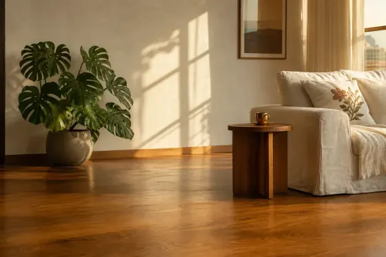 Wide-plank oak board in raking afternoon light, finished with LEINOS hardwax oil, grain and ray-fleck visible, on a linen cloth in a Bangalore designer studio