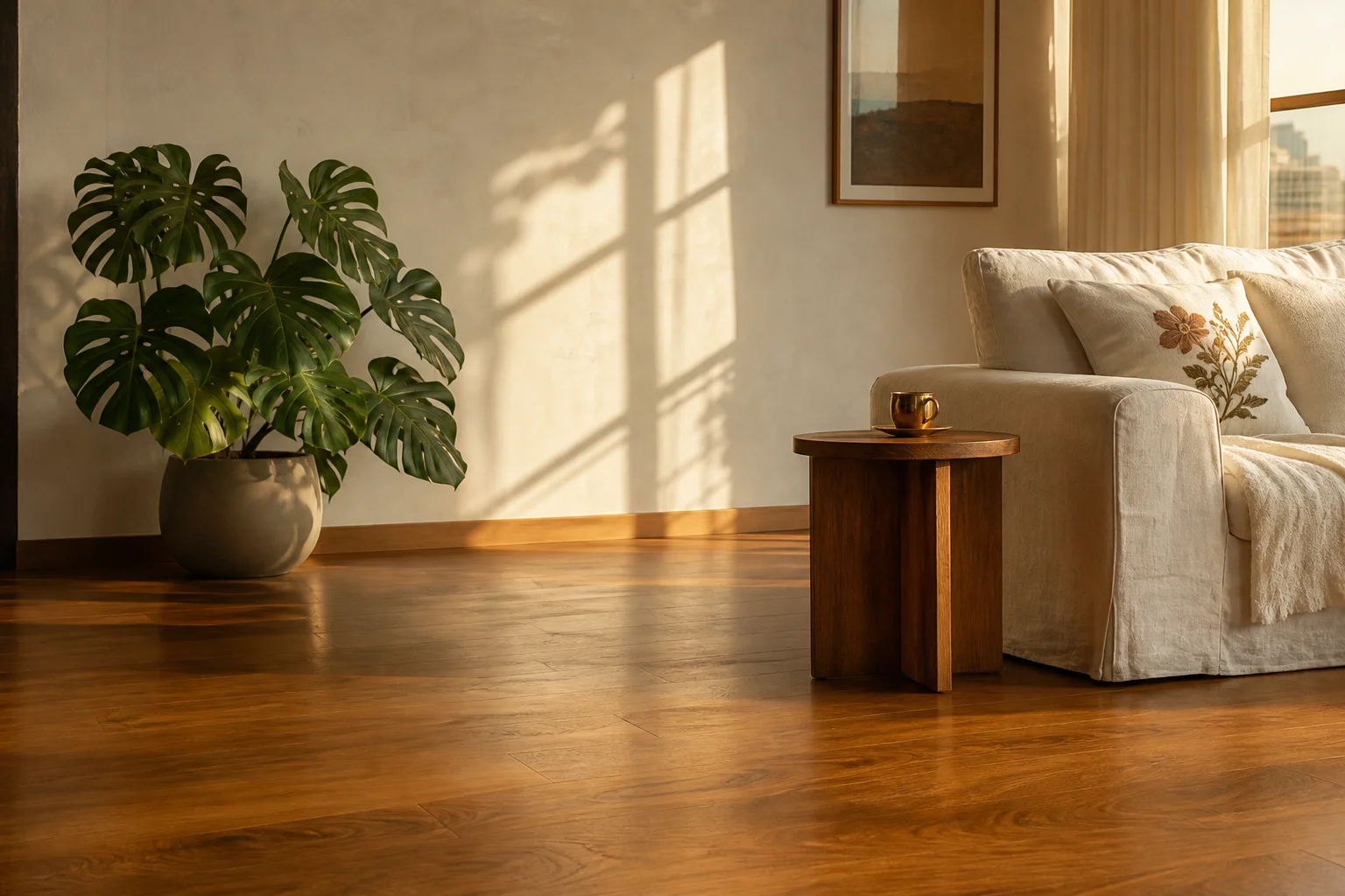 Wide-plank oak board in raking afternoon light, finished with LEINOS hardwax oil, grain and ray-fleck visible, on a linen cloth in a Bangalore designer studio