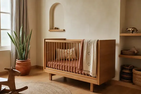 Contemporary Bangalore nursery with oak crib, cotton textiles, brass elephant figurine, snake plant in terracotta pot, soft morning light from the left
