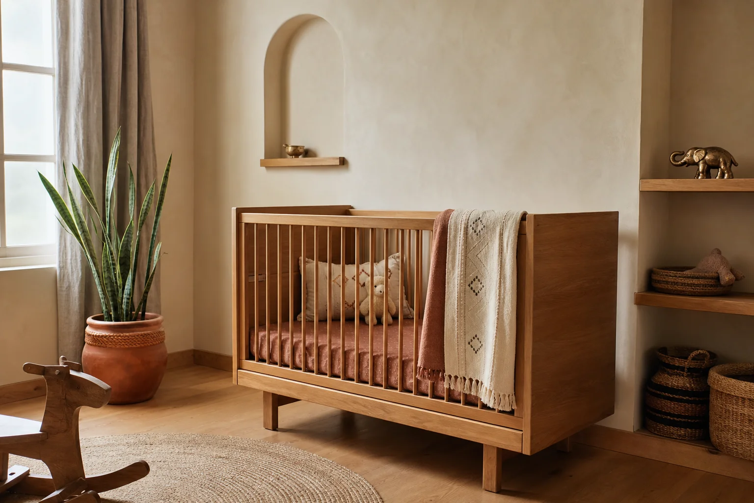 Contemporary Bangalore nursery with oak crib, cotton textiles, brass elephant figurine, snake plant in terracotta pot, soft morning light from the left