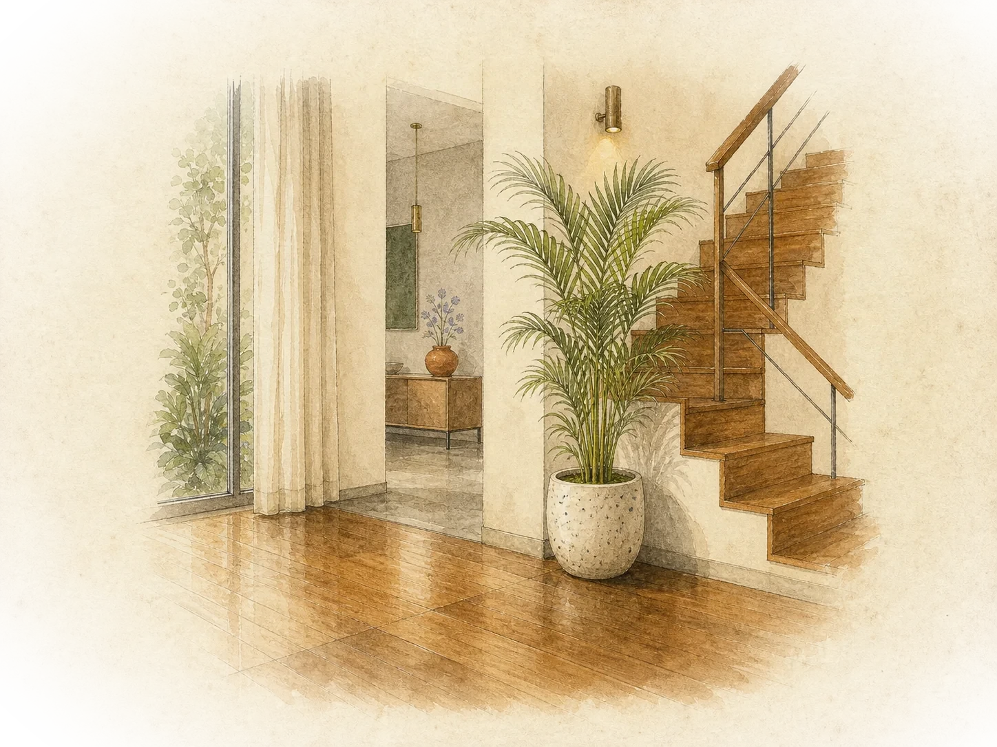 Warm oiled hardwood floor running into a wooden staircase in a daylit Indian home — finished with LEINOS penetrating hardwax oil.