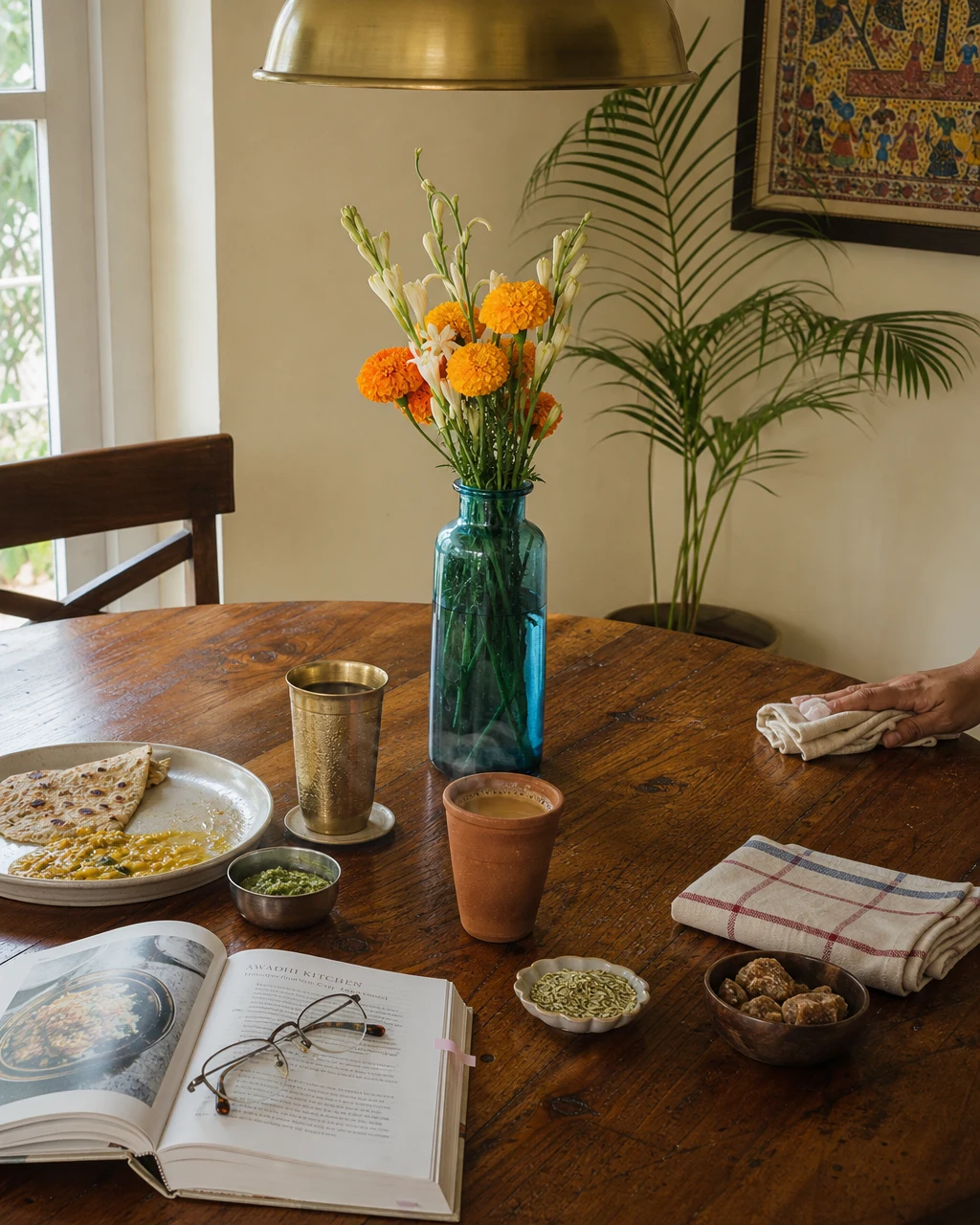 Indian family dining table after breakfast: brass tumbler, kulhad of masala chai, marigolds in blue-glass bottle, open Indian cookbook, hand wiping the teak with a cotton cloth