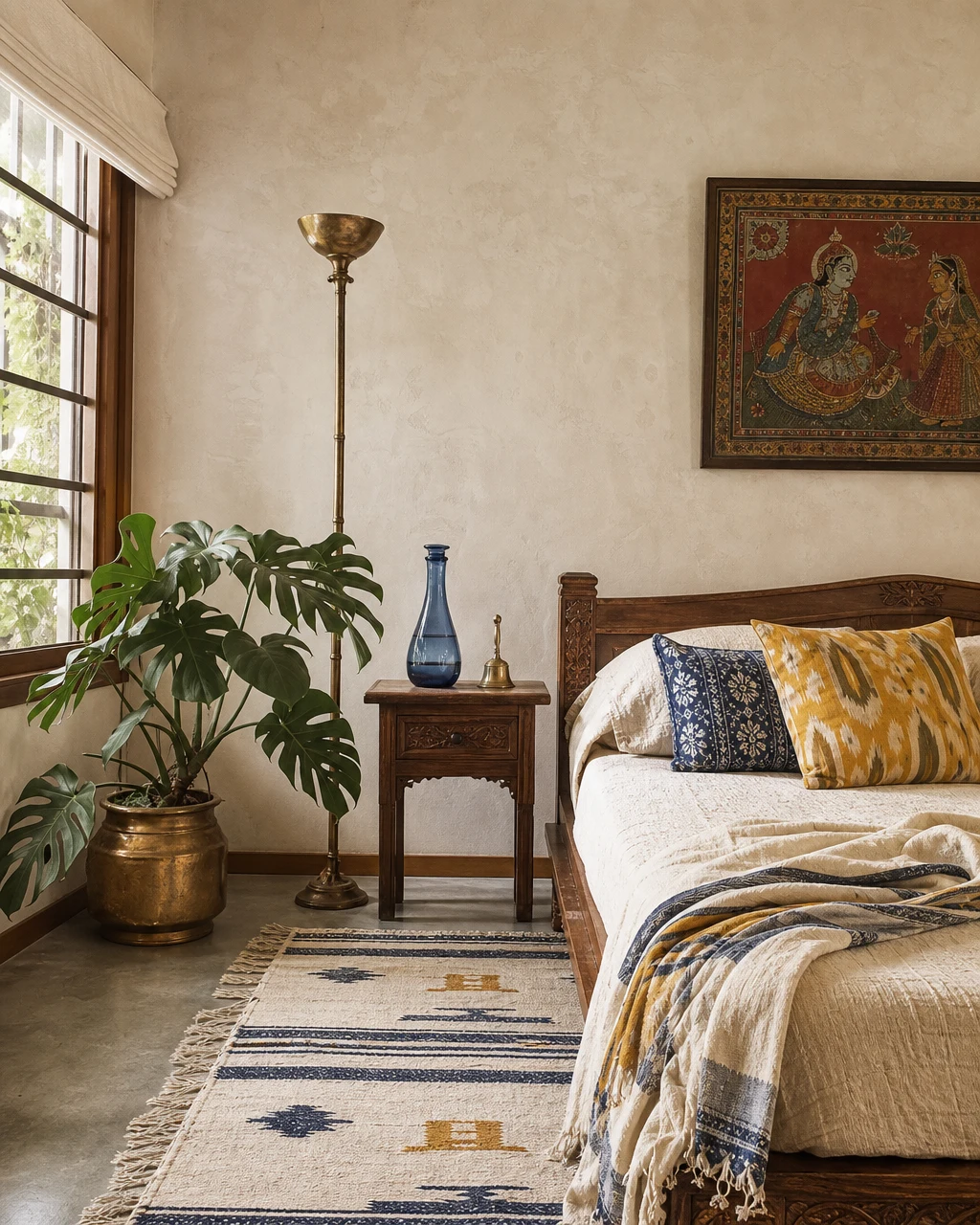 Indian bedroom corner with textured warm-cream limewash plaster wall, carved teak bed with indigo and ikat cushions, Monstera plant, pattachitra painting, brass uplighter