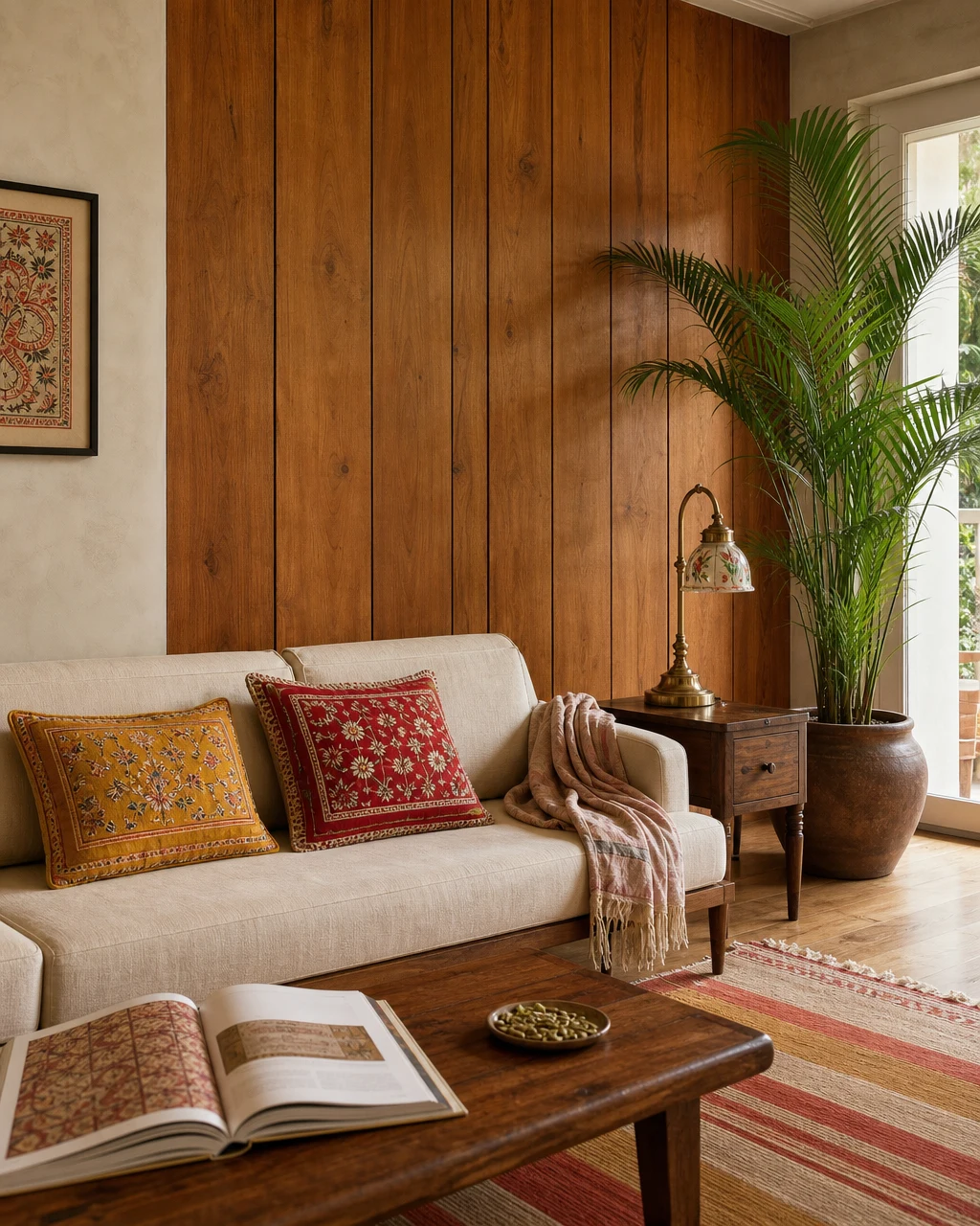 Bengaluru living room with floor-to-ceiling Burma-teak panelling, cream sofa with phulkari cushions, brass reading lamp, Areca palm, handloom dhurrie